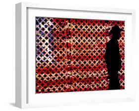 An Man Wearing a Cowboy Hat Walks Past an American Flag Light Display-Brandi Simons-Framed Premium Photographic Print