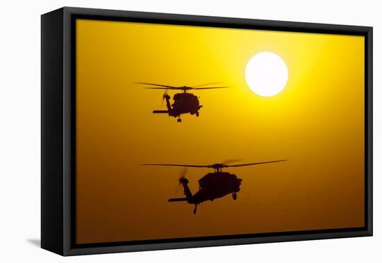 An Mh-60S Knighthawk and Mh-60R Sea Hawk at Sunset-null-Framed Stretched Canvas