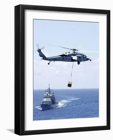 An Mh-60S Sea Hawk Helicopter Flying in Front of USS Gettysburg-null-Framed Premium Photographic Print