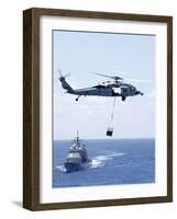 An Mh-60S Sea Hawk Helicopter Flying in Front of USS Gettysburg-null-Framed Photographic Print