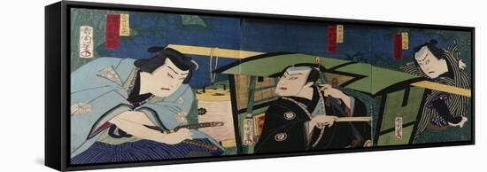 An Oban Triptych Depicting a Nocturnal Scene with Three Actors before a Pal-Toyohara Kunichika-Framed Stretched Canvas