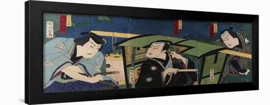 An Oban Triptych Depicting a Nocturnal Scene with Three Actors before a Pal-Toyohara Kunichika-Framed Giclee Print