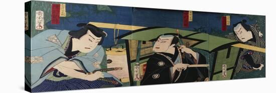An Oban Triptych Depicting a Nocturnal Scene with Three Actors before a Pal-Toyohara Kunichika-Stretched Canvas
