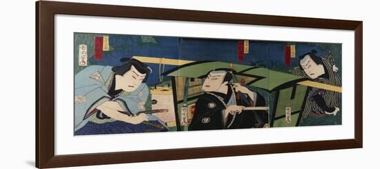 An Oban Triptych Depicting a Nocturnal Scene with Three Actors before a Pal-Toyohara Kunichika-Framed Giclee Print