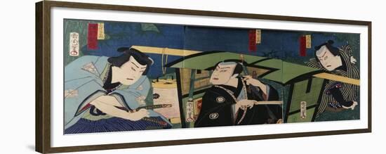 An Oban Triptych Depicting a Nocturnal Scene with Three Actors before a Pal-Toyohara Kunichika-Framed Giclee Print