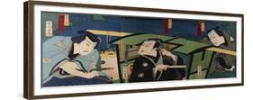 An Oban Triptych Depicting a Nocturnal Scene with Three Actors before a Pal-Toyohara Kunichika-Framed Giclee Print