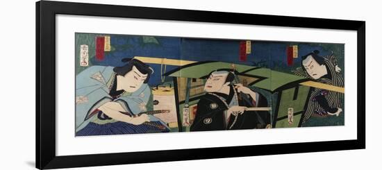 An Oban Triptych Depicting a Nocturnal Scene with Three Actors before a Pal-Toyohara Kunichika-Framed Giclee Print