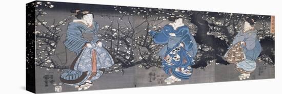 An Oban Triptych Depicting a Nocturnal Scene with Three Bijin-Kuniyoshi Utagawa-Stretched Canvas