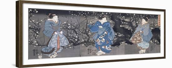 An Oban Triptych Depicting a Nocturnal Scene with Three Bijin-Kuniyoshi Utagawa-Framed Giclee Print