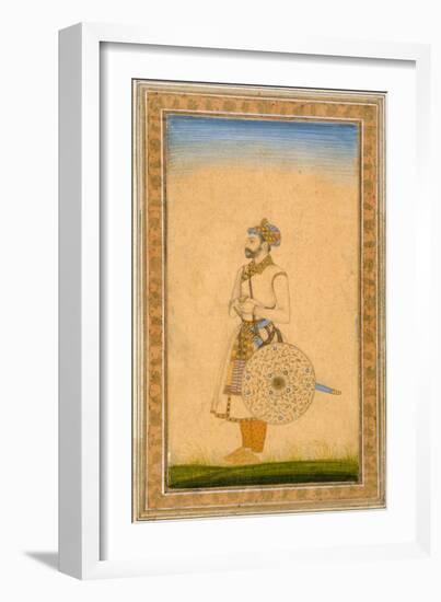 An Officer, Standing, with Sword and Shield, from the Small Clive Album, C.1600-Mughal-Framed Giclee Print