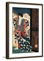 An Oiran with a Paper Kerchief in Her Mouth Advances Toward the Left-Yoshitoshi Taiso-Framed Art Print