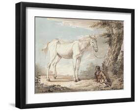 An Old Grey Horse Tethered to a Tree, a Boy Resting Nearby-Paul Sandby-Framed Giclee Print