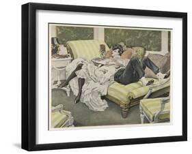 An Old Man with a White Beard and a Young Woman with a Book Relax on a Couch-null-Framed Art Print