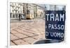 An old sign in Italian that says Trams go to Duomo, with a traditional Milanese tram in the backgro-Alexandre Rotenberg-Framed Photographic Print