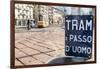 An old sign in Italian that says Trams go to Duomo, with a traditional Milanese tram in the backgro-Alexandre Rotenberg-Framed Photographic Print