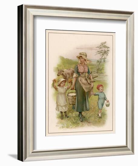 An Old-Time Milking-Maid with Two Small Children-null-Framed Art Print