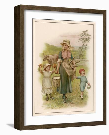 An Old-Time Milking-Maid with Two Small Children-null-Framed Art Print