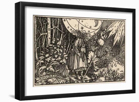 An Old Witch Working Magic Using Her Distaff to Cause a Storm-Hans Weidlitz-Framed Art Print