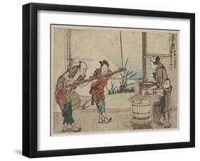An Older Man and Two Young Apprentices Manually Operating a Stirring Device, Yoshiwara-Katsushika Hokusai-Framed Giclee Print