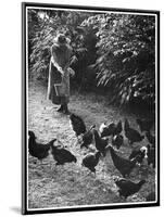 An Older Woman in a Long Dress and Wide-Brimmed Hat Throws Handfuls of Chicken Feed-null-Mounted Art Print