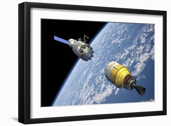 An Orbital Maintenance Platform Approaches an Orbiting Booster in Low Earth Orbit-Stocktrek Images-Framed Art Print