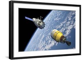 An Orbital Maintenance Platform Approaches an Orbiting Booster in Low Earth Orbit-Stocktrek Images-Framed Art Print