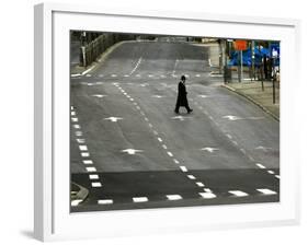 An Orthodox Israeli Jew Walks Across an Empty Road During the Sabbath-null-Framed Photographic Print