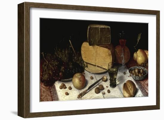 An Uitgestald Still Life of Grapes and Cheese on Pewter Plates?-Floris van Dijck-Framed Giclee Print