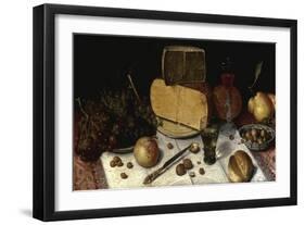 An Uitgestald Still Life of Grapes and Cheese on Pewter Plates?-Floris van Dijck-Framed Giclee Print