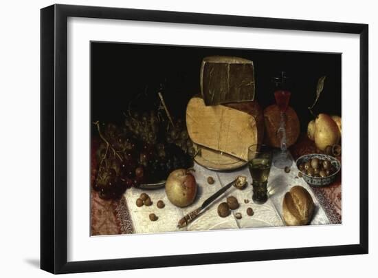 An Uitgestald Still Life of Grapes and Cheese on Pewter Plates?-Floris van Dijck-Framed Giclee Print