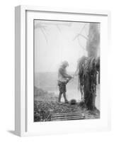 An Unidentified Australian Artillery Driver Cleaning Mud from His Team's Harness in a Billet Near M-null-Framed Photographic Print