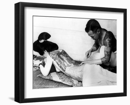 An Unidentified Japanese Tattoo Artist Works on a Woman's Backside-null-Framed Premium Photographic Print