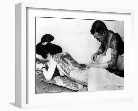 An Unidentified Japanese Tattoo Artist Works on a Woman's Backside-null-Framed Premium Photographic Print