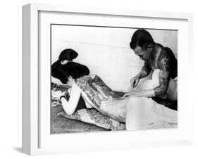 An Unidentified Japanese Tattoo Artist Works on a Woman's Backside-null-Framed Premium Photographic Print