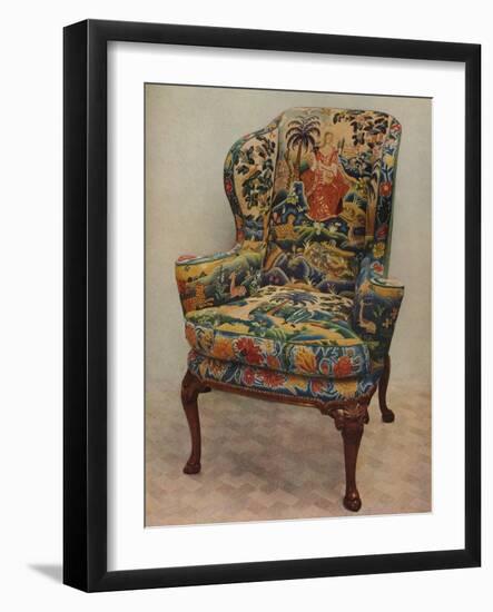 An upholstered armchair with wings, carved walnut frame and original silk needlework covering-Unknown-Framed Photographic Print