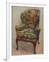 An upholstered armchair with wings, carved walnut frame and original silk needlework covering-Unknown-Framed Photographic Print