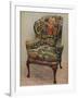 An upholstered armchair with wings, carved walnut frame and original silk needlework covering-Unknown-Framed Photographic Print