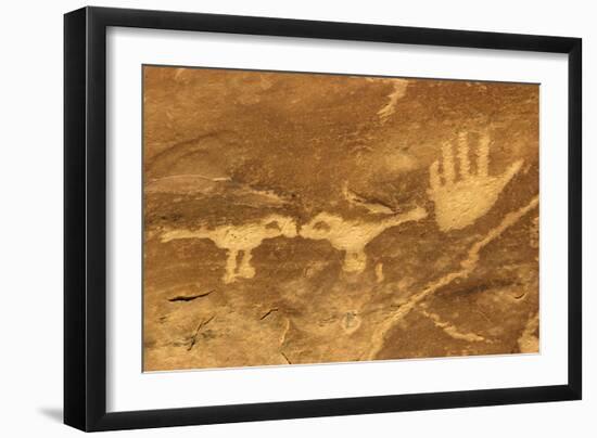 Anasazi/Ancient Puebloan Petroglyphs of the Parrot Clan Symbol, Mesa Verde National Park, Colorado-null-Framed Photographic Print
