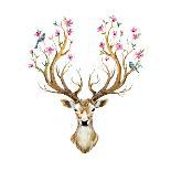 Watercolor Illustration Isolated Deer, Big Antlers, Flowers and Birds on the Horns, Branches Cherry-Anastasia Zenina-Lembrik-Framed Art Print