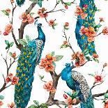 Watercolor Pattern Peacock Lover, Blooming Cherry Trees, White Magnolia Flowers, Japanese Sakura Fe-Anastasia Zenina-Lembrik-Framed Stretched Canvas