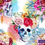 Watercolor, Skull, Flowers, Indian, Boho, Ethnic, Pattern, Wallpaper, Background-Anastasia Zenina-Lembrik-Art Print