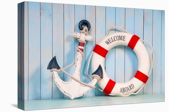 Anchor and Life Buoy on a Background of White Shabby Wall Boards.-Yarkovoy-Stretched Canvas