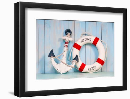 Anchor and Life Buoy on a Background of White Shabby Wall Boards.-Yarkovoy-Framed Photographic Print