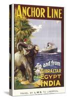 Anchor Line Poster for Ship Travel Between Gibraltar, Egypt and India with an Elephant-null-Stretched Canvas