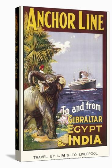 Anchor Line Poster for Ship Travel Between Gibraltar, Egypt and India with an Elephant-null-Stretched Canvas