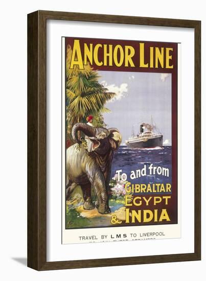 Anchor Line Poster for Ship Travel Between Gibraltar, Egypt and India with an Elephant-null-Framed Photographic Print