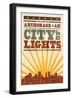 Anchorage, Alaska - Skyline and Sunburst Screenprint Style-Lantern Press-Framed Art Print