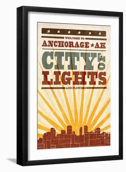 Anchorage, Alaska - Skyline and Sunburst Screenprint Style-Lantern Press-Framed Art Print