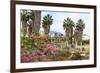 Ancient Agora, Bougainvillea and palm trees, Greek, Roman and Byzantine ruins, Kos Town, Kos, Dodec-Eleanor Scriven-Framed Photographic Print