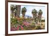 Ancient Agora, Bougainvillea and palm trees, Greek, Roman and Byzantine ruins, Kos Town, Kos, Dodec-Eleanor Scriven-Framed Photographic Print